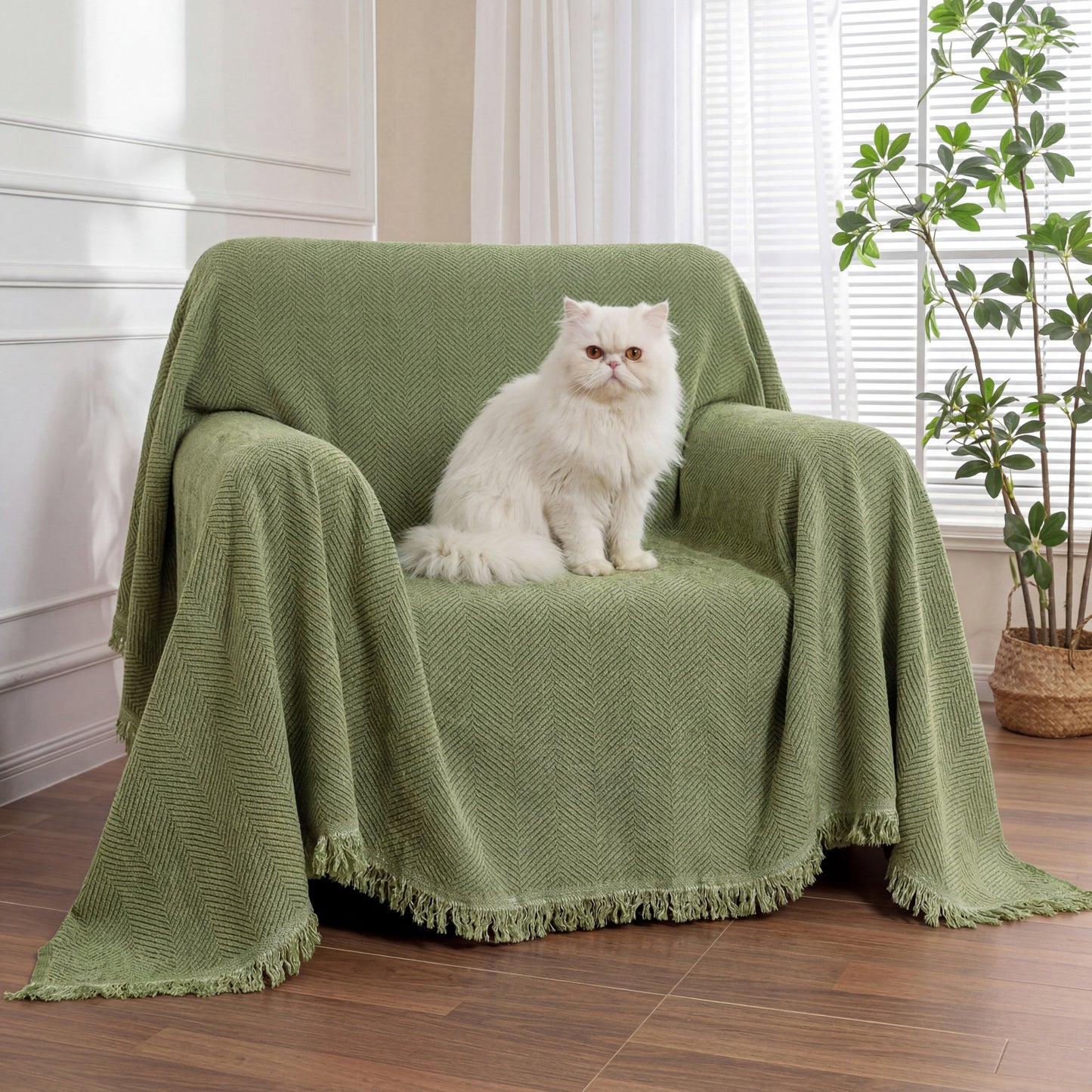 Cozy Chenille Herringbone Armchair Cover with Tassel Trim