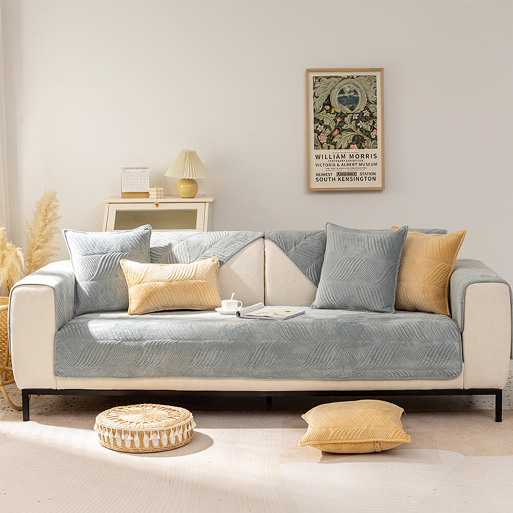 Cozy Leaf-Patterned Plush Couch Cover with Non-Slip Backing