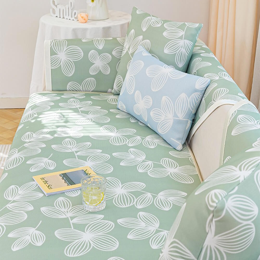Fresh Floral Ice-Silk Cooling Couch Cover with Non-Slip Grip
