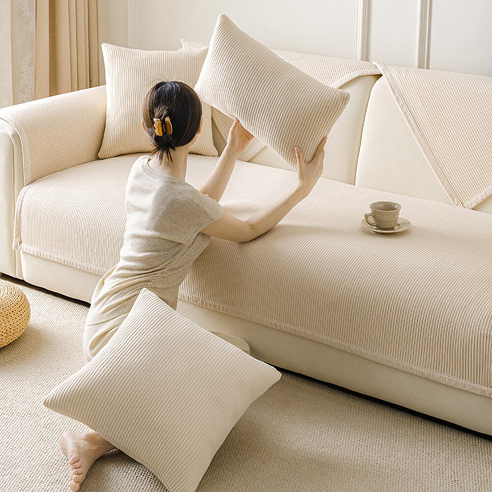Cozy Contemporary Cream Vertical Stripe Fleece Couch Cover for All Seasons