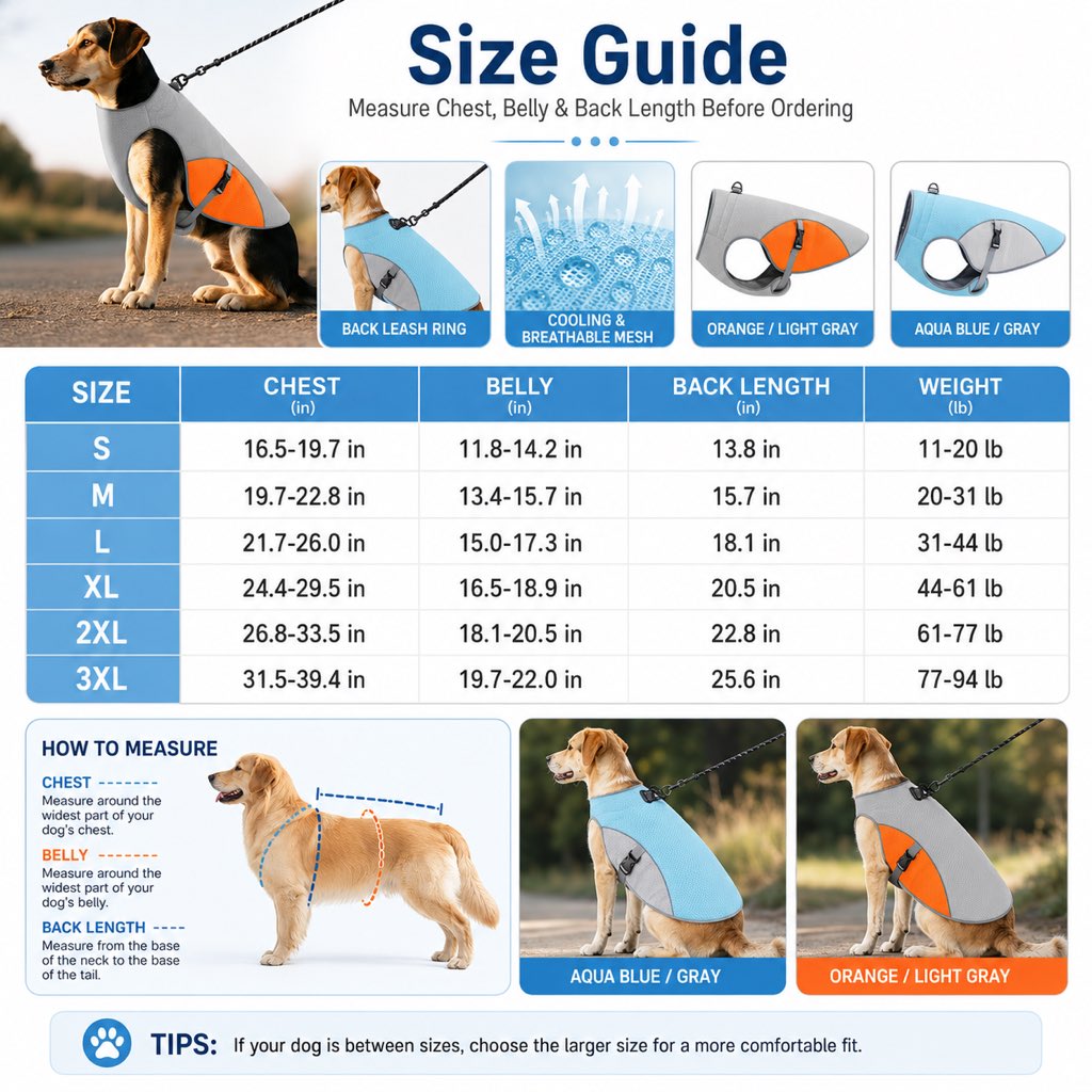 Dog Cooling Vest, Evaporative Wet-to-Cool Jacket for Summer