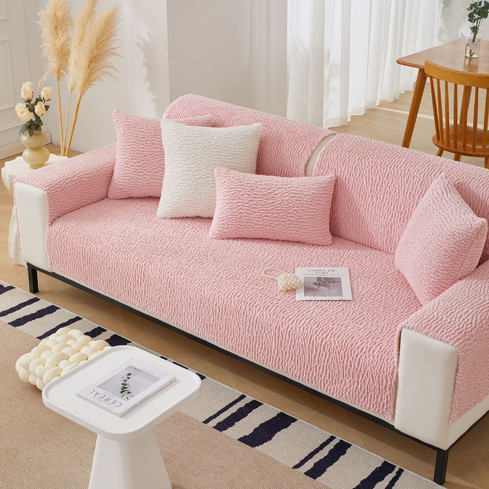Cream Berber Fleece Anti-Scratch Sofa Cover - Plush, Durable Couch Protector