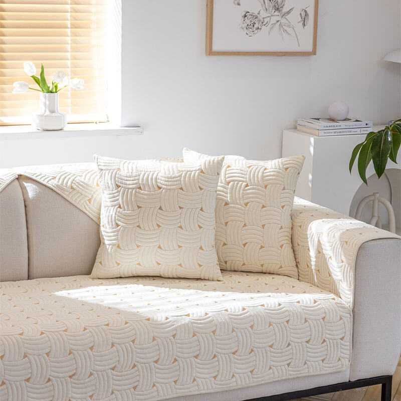 Luxurious Weave-Pattern Cotton Quilted Sectional Couch Cover