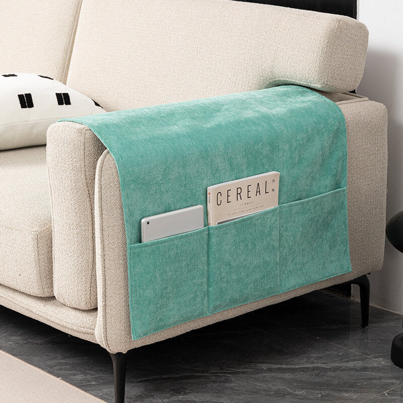 Chenille Sofa Armrest Protector - Anti-Scratch Cover with Built-In Magazine Holder