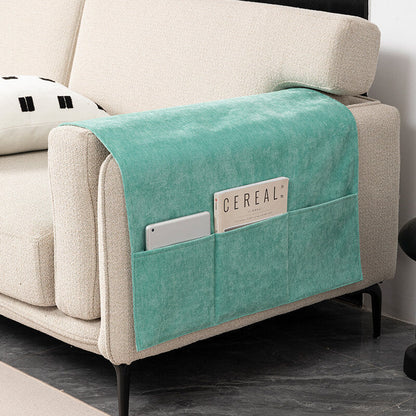 Chenille Sofa Armrest Protector - Anti-Scratch Cover with Built-In Magazine Holder