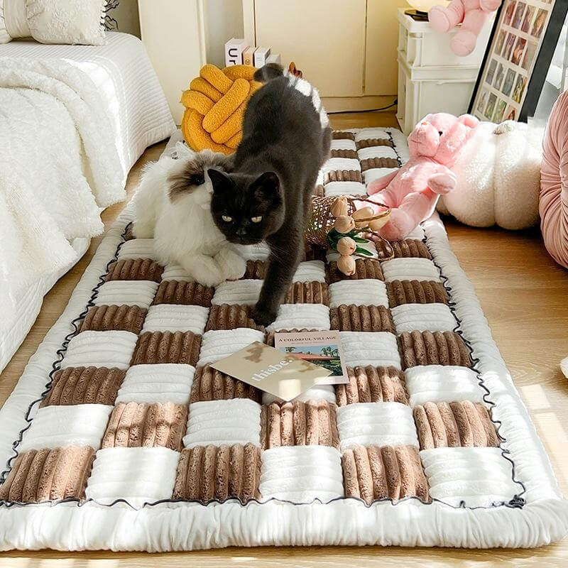 Cream-Colored Large Plaid Square Fuzzy Pet Mat - Multi-Use Bed and Couch Cover