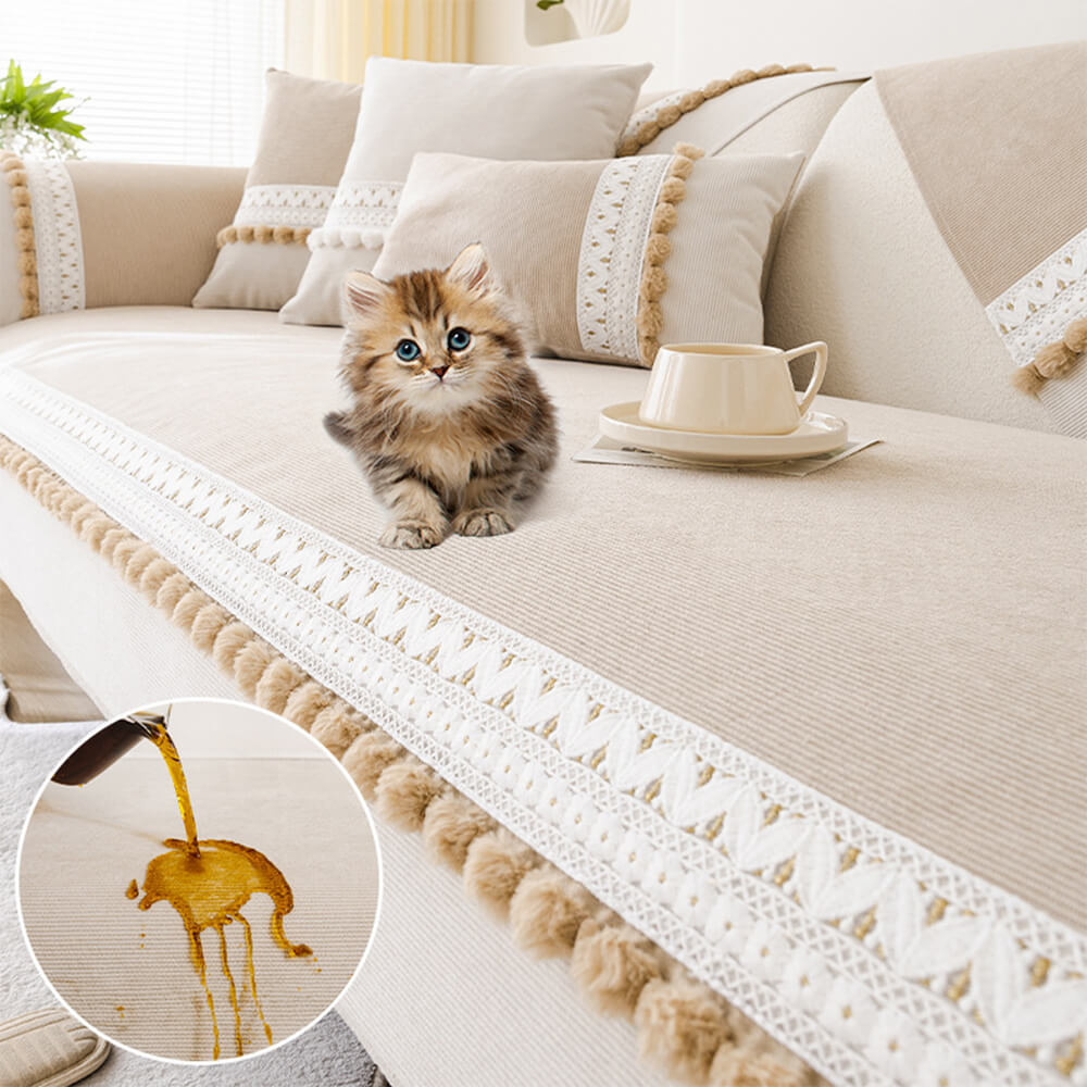 All-Season Corduroy Couch Cover – Soft, Water-Resistant, Anti-Scratch Protection with Pom-Poms