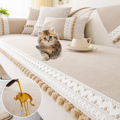 All-Season Corduroy Couch Cover – Soft, Water-Resistant, Anti-Scratch Protection with Pom-Poms