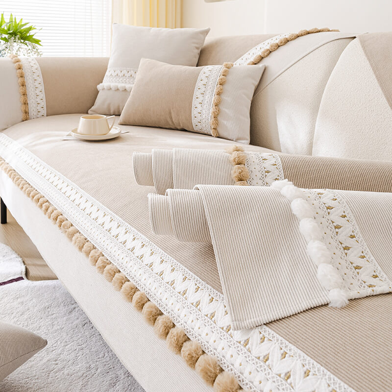 All-Season Corduroy Couch Cover – Soft, Water-Resistant, Anti-Scratch Protection with Pom-Poms
