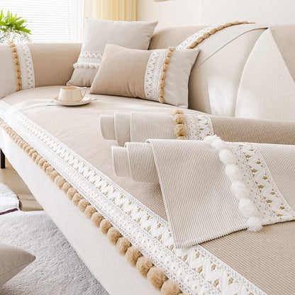 All-Season Corduroy Couch Cover – Soft, Water-Resistant, Anti-Scratch Protection with Pom-Poms
