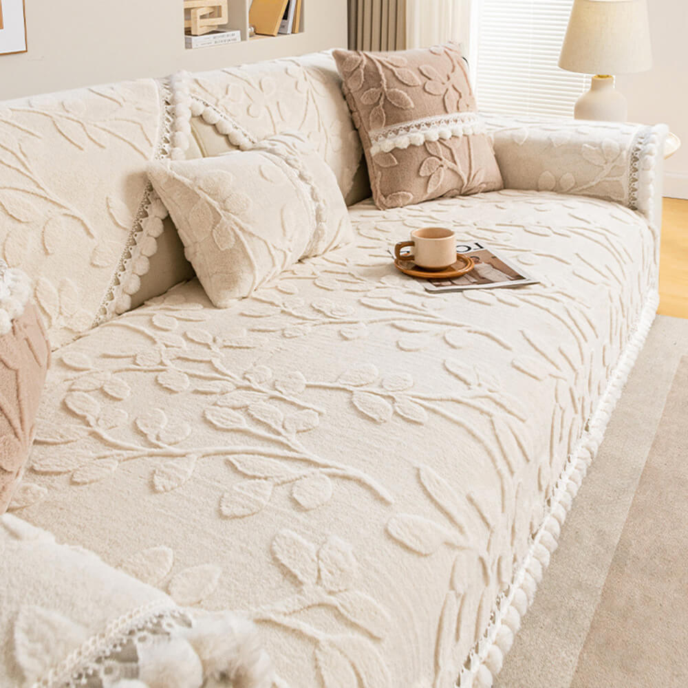 Elegant Branch Jacquard Plush Couch Cover – Decorative Non-Slip Sofa Protector
