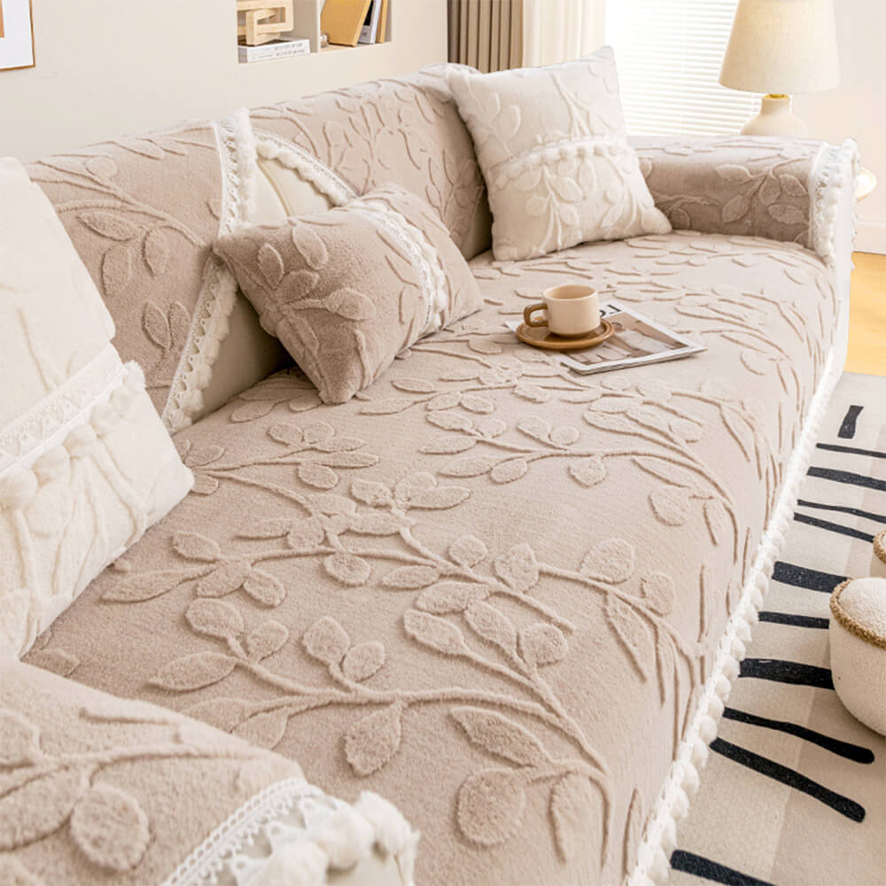 Elegant Branch Jacquard Plush Couch Cover – Decorative Non-Slip Sofa Protector