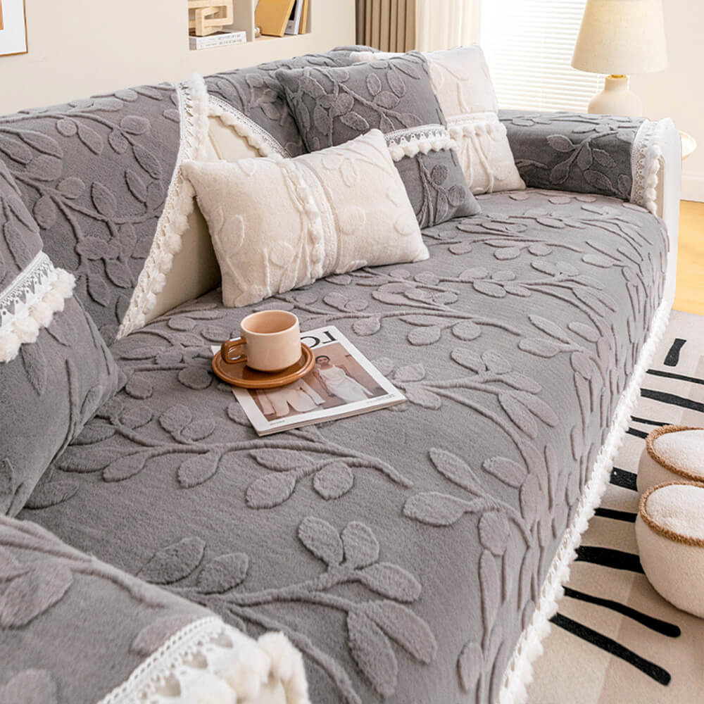 Elegant Branch Jacquard Plush Couch Cover – Decorative Non-Slip Sofa Protector