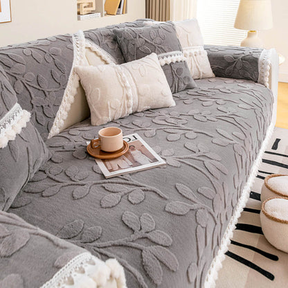Elegant Branch Jacquard Plush Couch Cover – Decorative Non-Slip Sofa Protector
