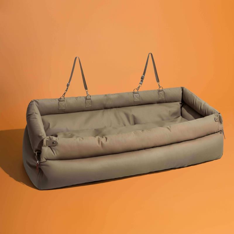 Grey faux leather dog car booster seat bed, back seat size