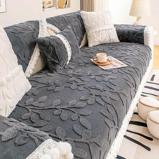 Elegant Branch Jacquard Plush Couch Cover – Decorative Non-Slip Sofa Protector