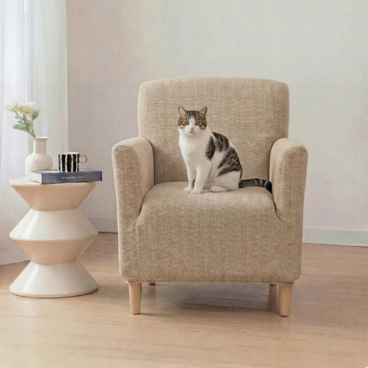 Herringbone Full-Coverage Armchair Protector – Soft, Scratch-Resistant Sofa Cover with Elastic Fit