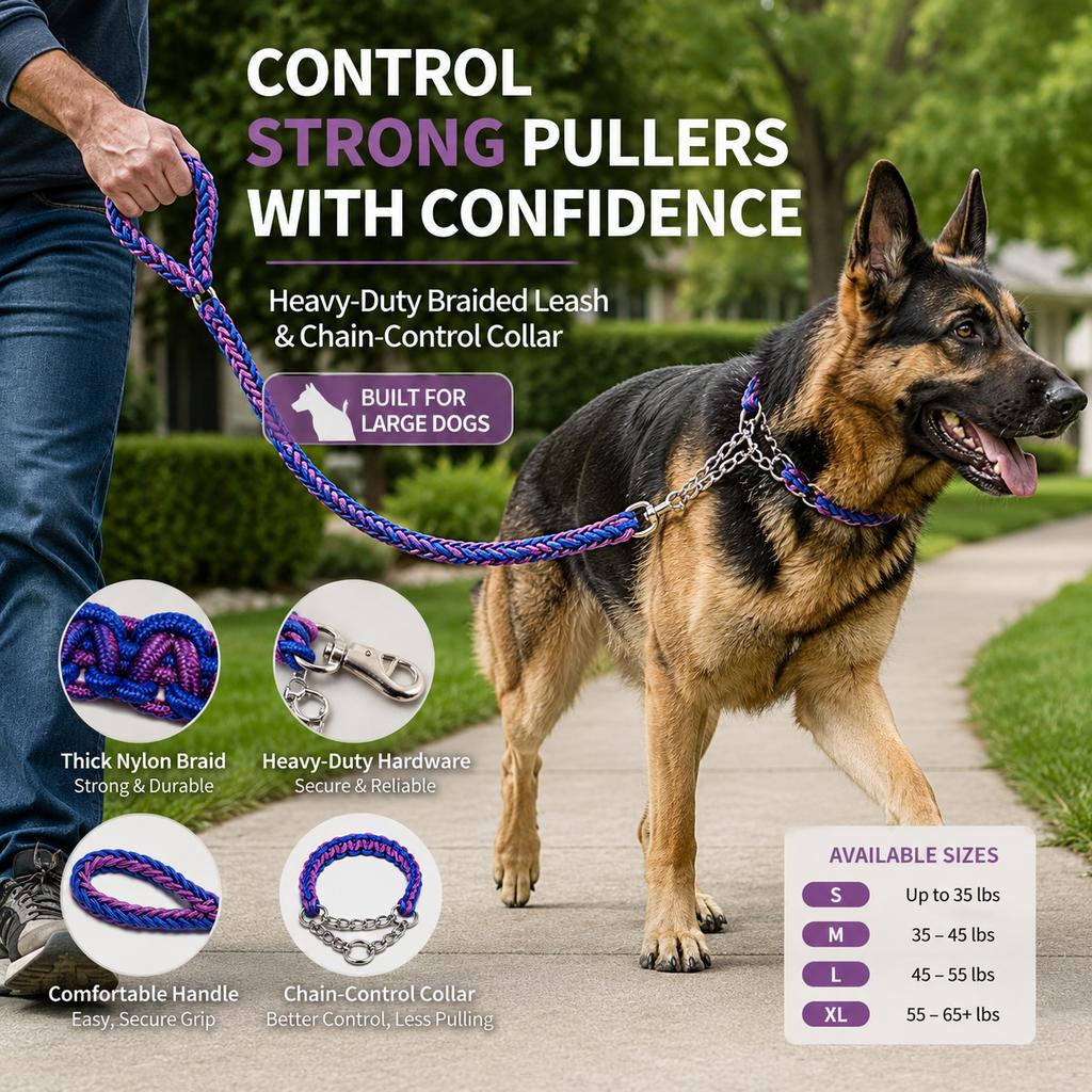 Dog Leash for Strong Pullers, Braided with Chain Control Collar