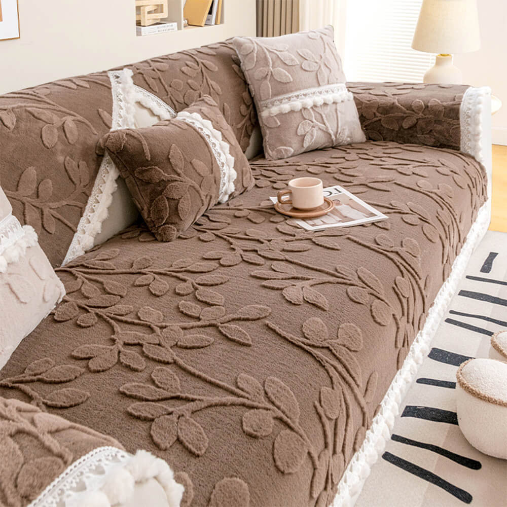Elegant Branch Jacquard Plush Couch Cover – Decorative Non-Slip Sofa Protector