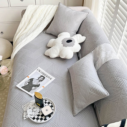 All-Season Minimalist Solid Cotton Geometric Quilted Couch Cover with Anti-Slip Backing