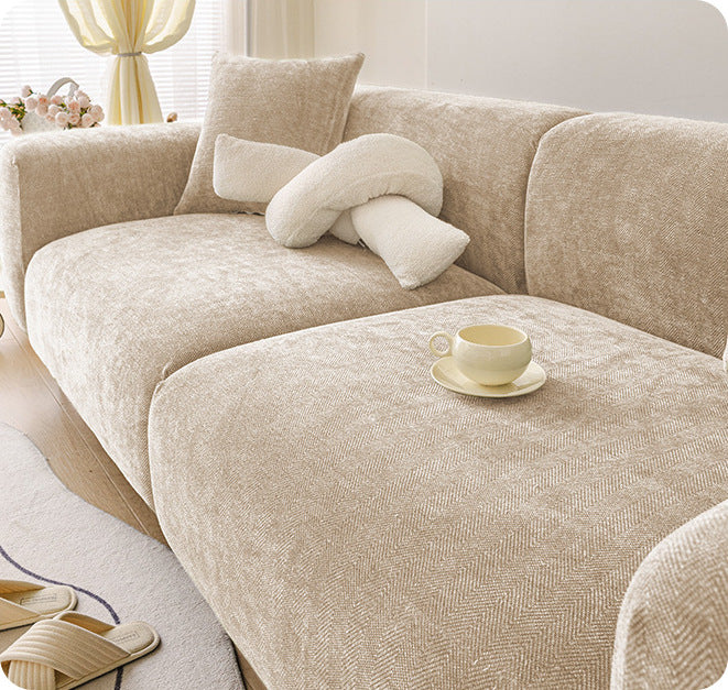 Beige herringbone chenille full coverage sofa cover