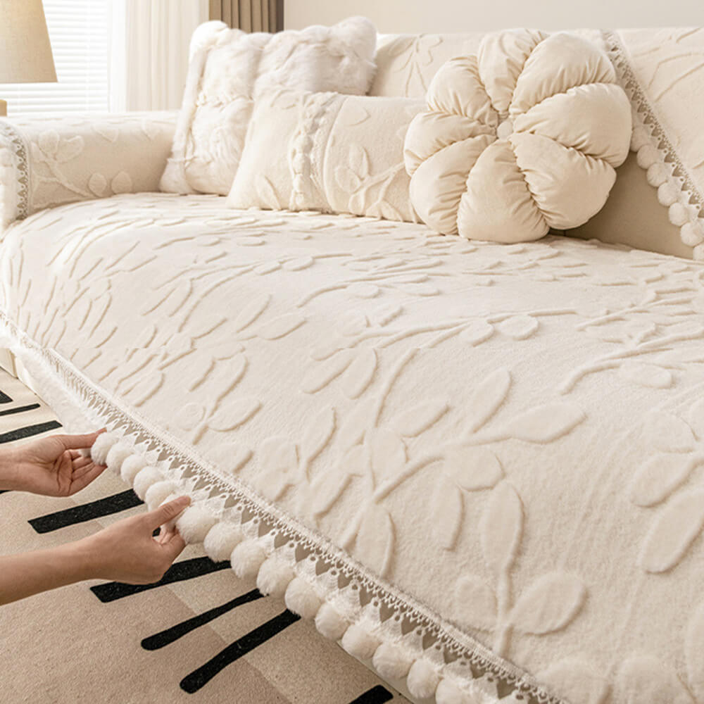 Elegant Branch Jacquard Plush Couch Cover – Decorative Non-Slip Sofa Protector