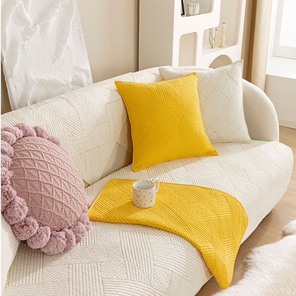 All-Season Minimalist Solid Cotton Geometric Quilted Couch Cover with Anti-Slip Backing