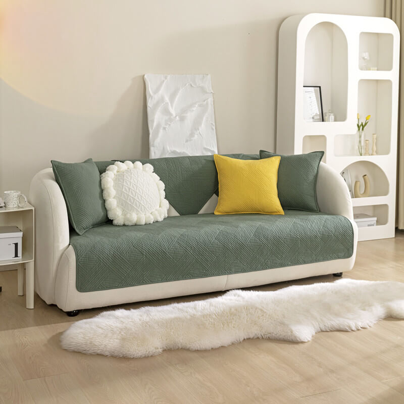 All-Season Minimalist Solid Cotton Geometric Quilted Couch Cover with Anti-Slip Backing