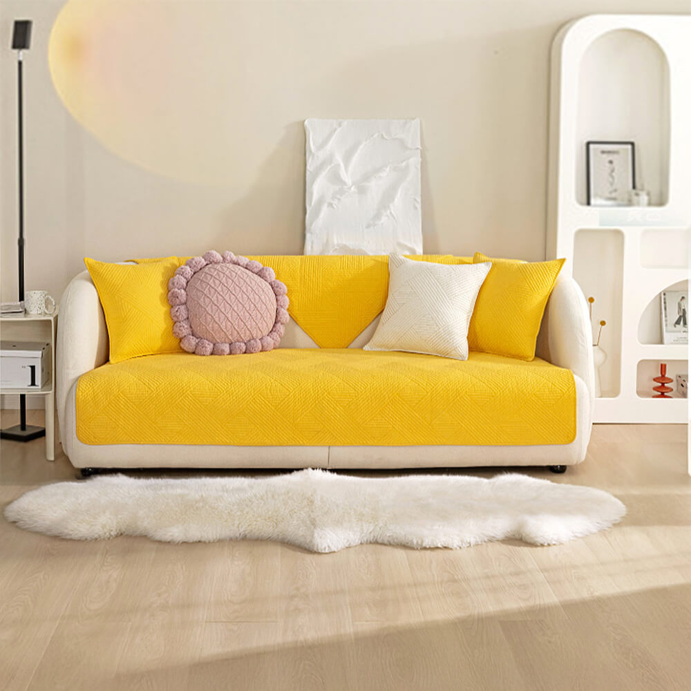 All-Season Minimalist Solid Cotton Geometric Quilted Couch Cover with Anti-Slip Backing