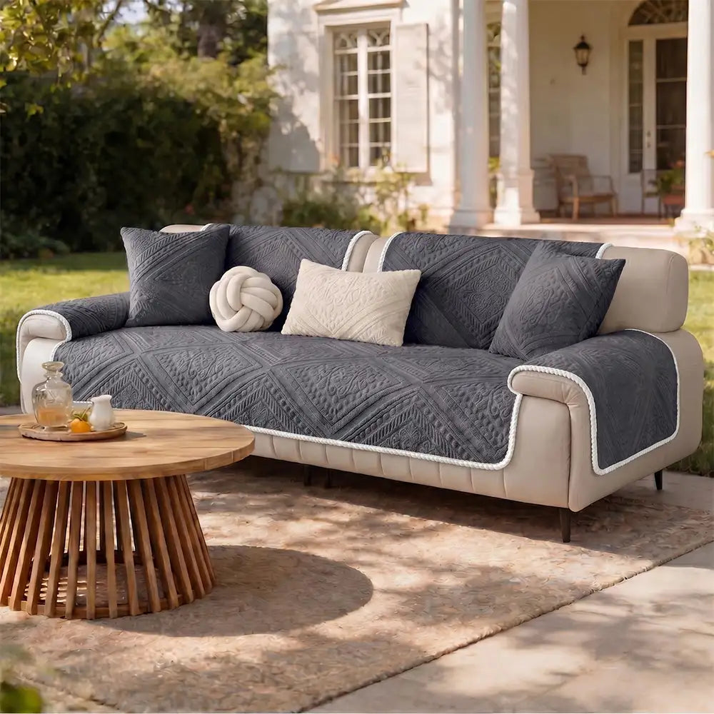 All-Season Nordic-Style Carved Plush Outdoor Couch Cover with Non-Slip Backing - Decorative & Durable