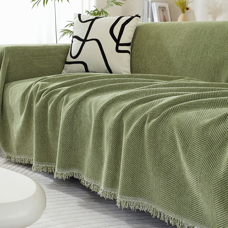 Cozy Chenille Blanket with Herringbone Tassels — Couch Cover