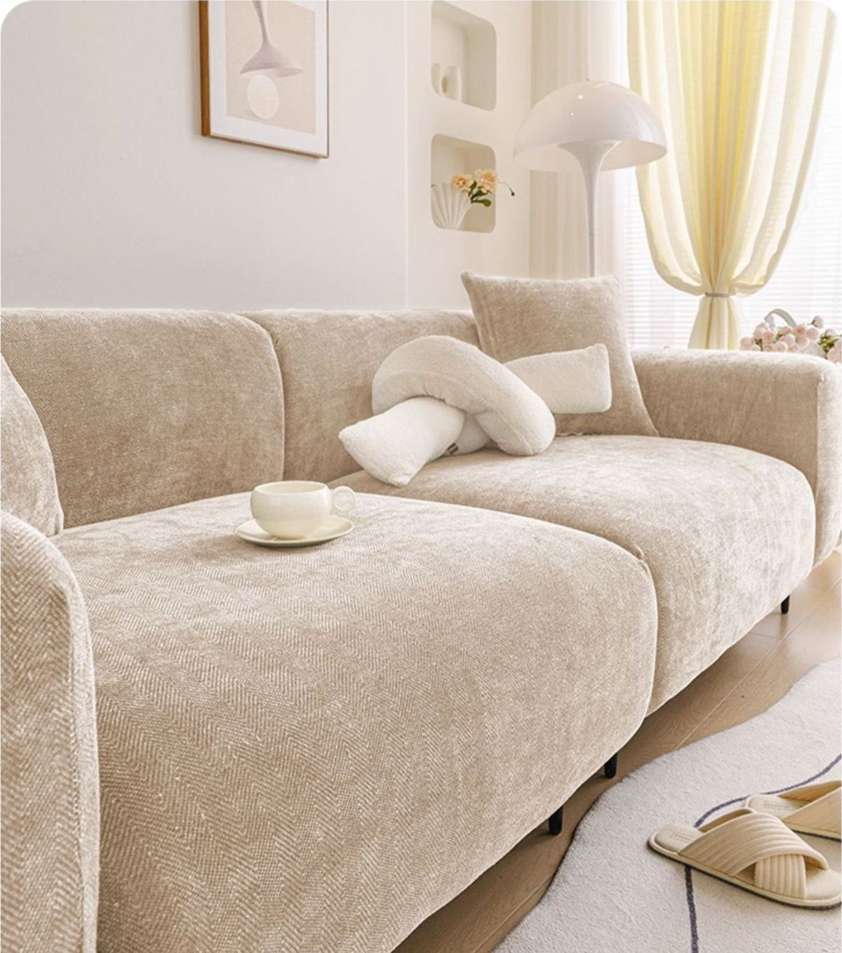 Beige herringbone chenille full coverage sofa cover