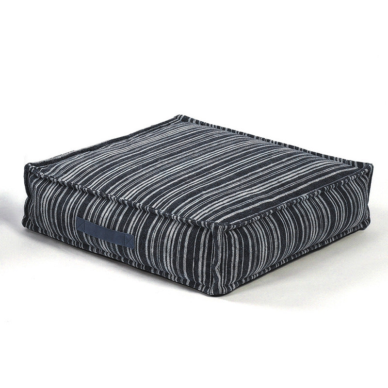 Blue corduroy stripe floor cushion dog bed, 80 x 80 x 15 cm low