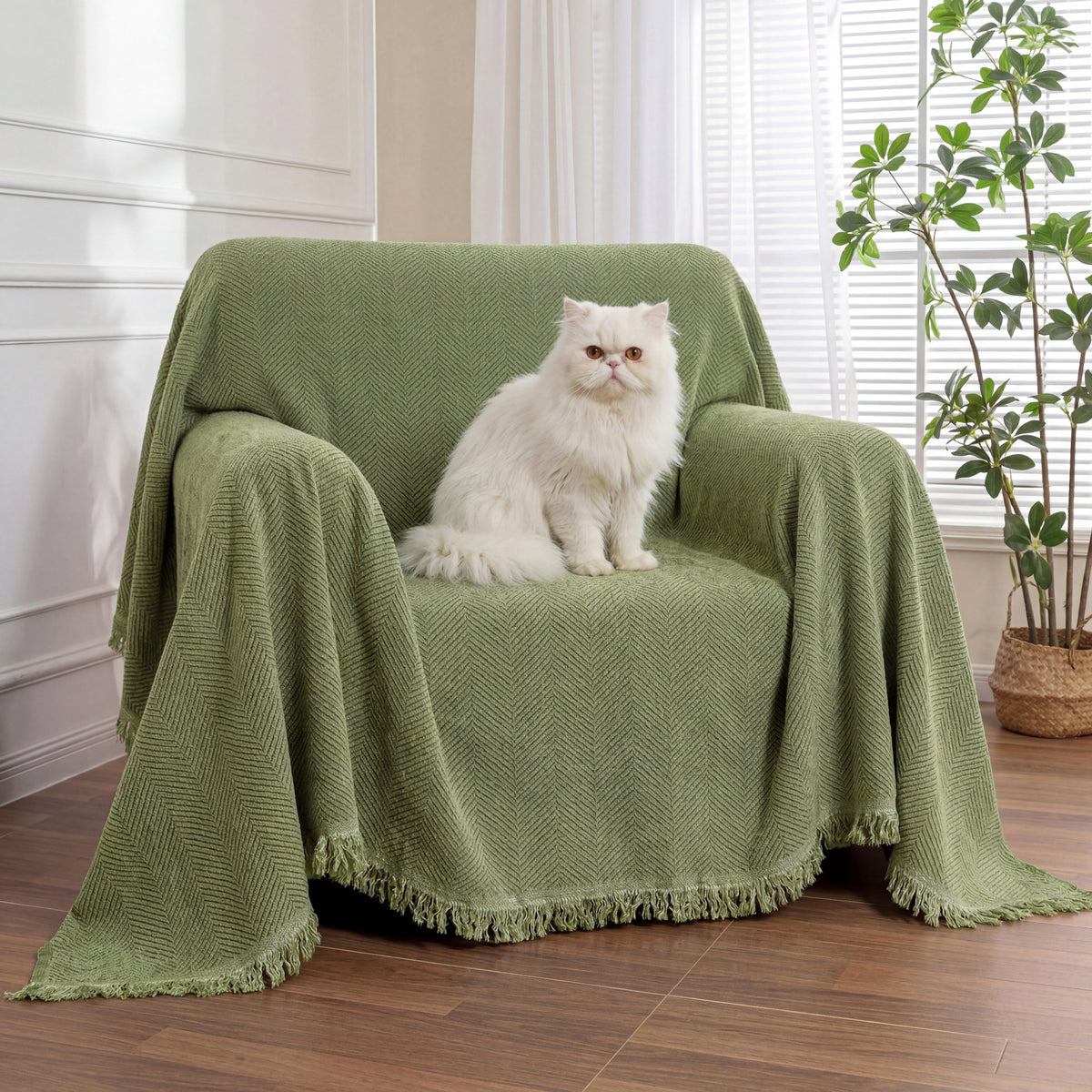 Cozy Chenille Herringbone Armchair Cover with Tassel Trim