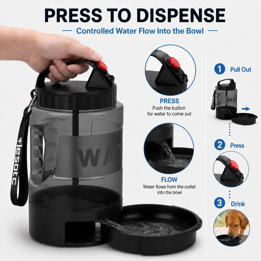 Dog Water Bottle for Hiking, 74 fl oz with Pull-Out Bowl