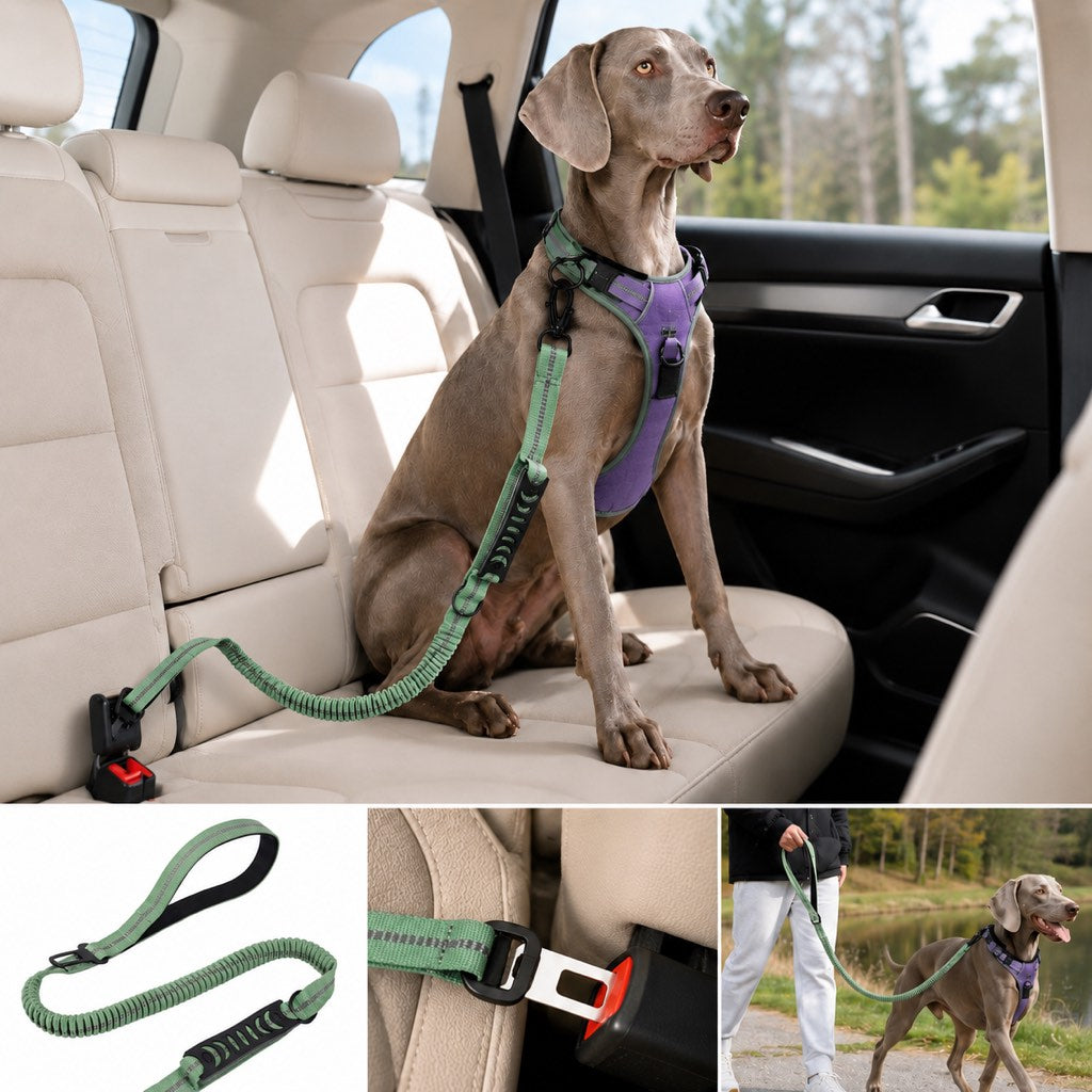 Dog Seat Belt Leash for Car, Reflective Bungee Tether