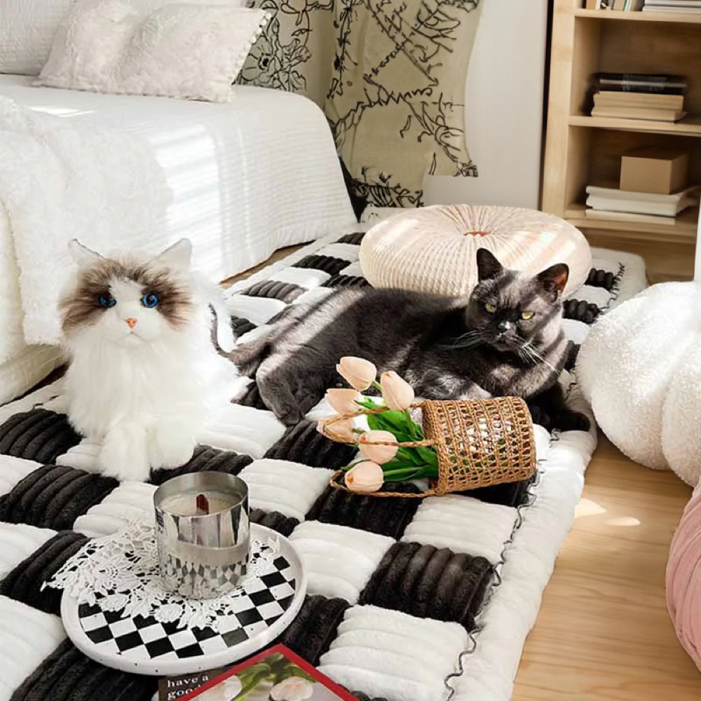 Cream-Colored Large Plaid Square Fuzzy Pet Mat - Multi-Use Bed and Couch Cover