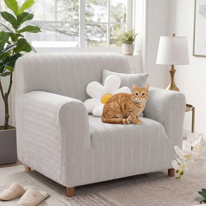 Luxurious Cream Herringbone Stretch Armchair Cover – Elegant Aesthetic, Magic-Fit