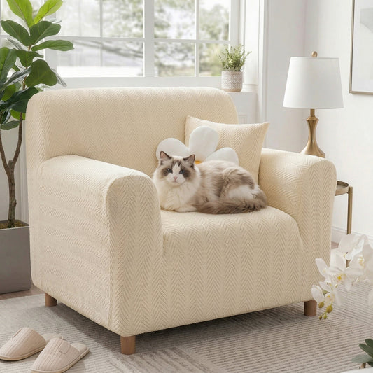 Luxurious Cream Herringbone Stretch Armchair Cover – Elegant Aesthetic, Magic-Fit