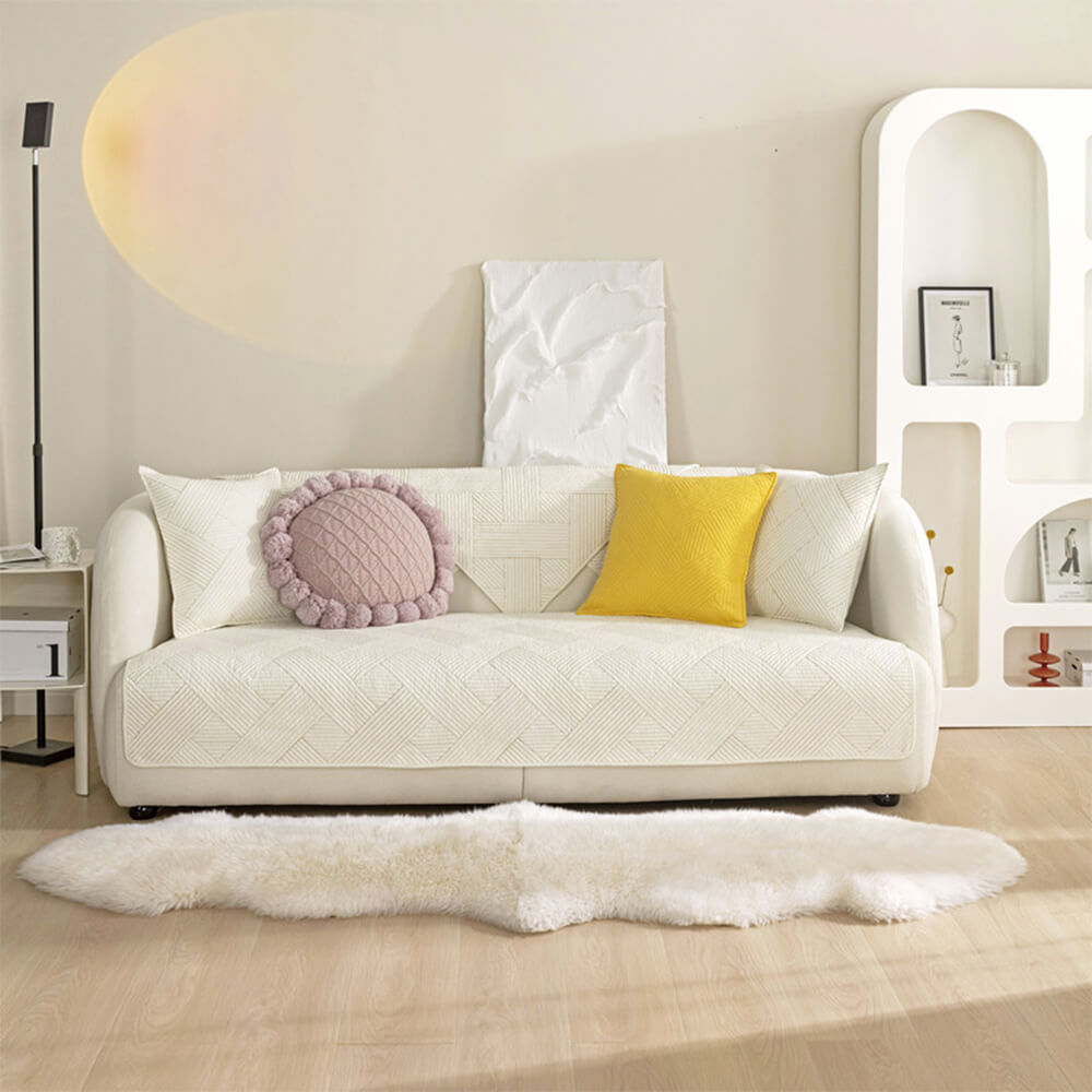 All-Season Minimalist Solid Cotton Geometric Quilted Couch Cover with Anti-Slip Backing