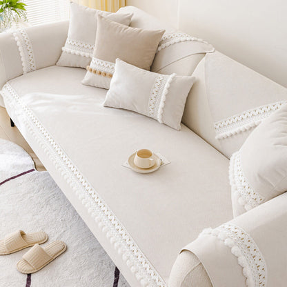 All-Season Corduroy Couch Cover – Soft, Water-Resistant, Anti-Scratch Protection with Pom-Poms