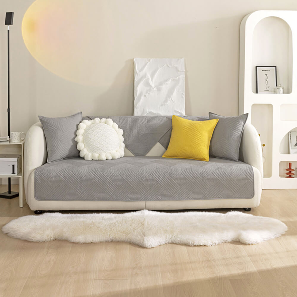 All-Season Minimalist Solid Cotton Geometric Quilted Couch Cover with Anti-Slip Backing