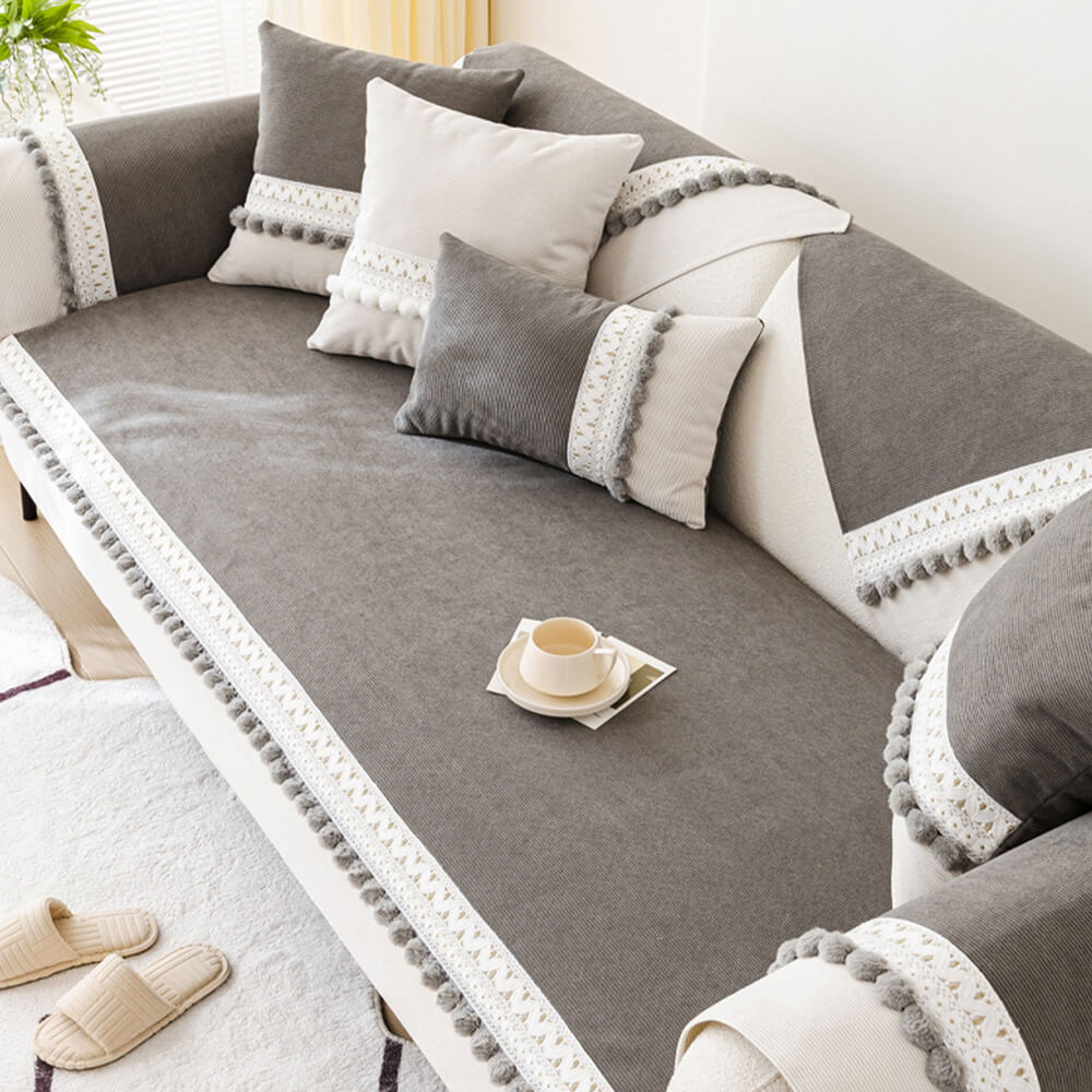 All-Season Corduroy Couch Cover – Soft, Water-Resistant, Anti-Scratch Protection with Pom-Poms