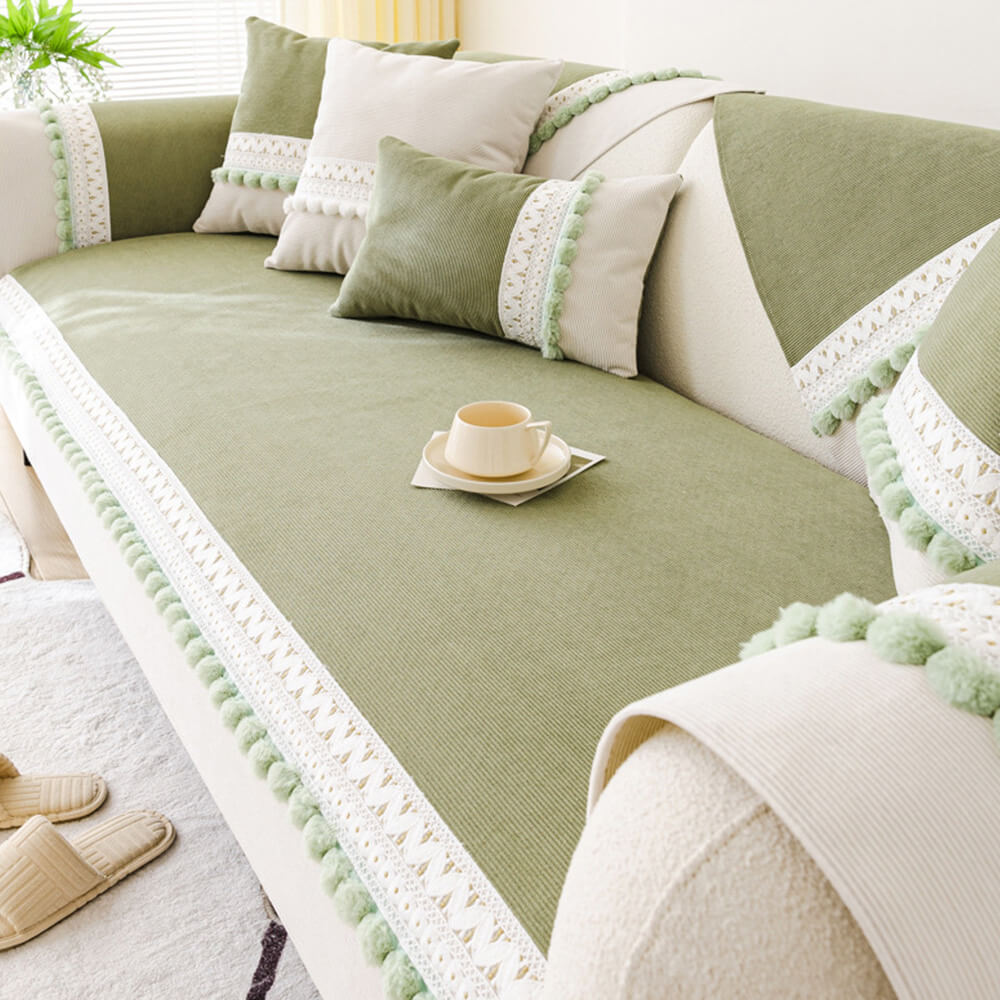 All-Season Corduroy Couch Cover – Soft, Water-Resistant, Anti-Scratch Protection with Pom-Poms