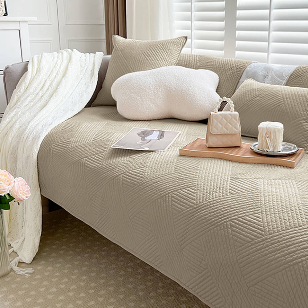 All-Season Minimalist Solid Cotton Geometric Quilted Couch Cover with Anti-Slip Backing