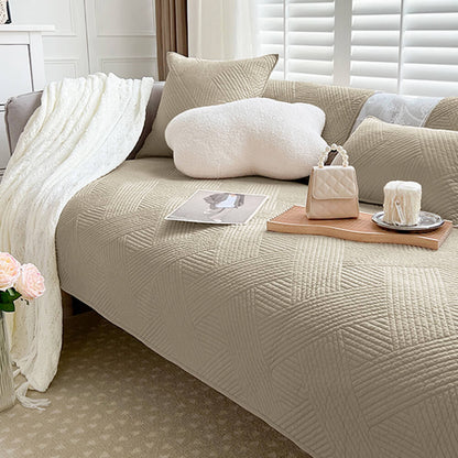 All-Season Minimalist Solid Cotton Geometric Quilted Couch Cover with Anti-Slip Backing