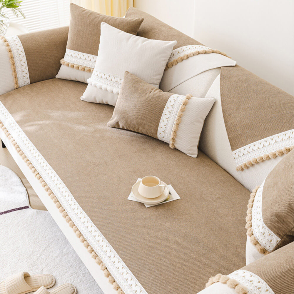 All-Season Corduroy Couch Cover – Soft, Water-Resistant, Anti-Scratch Protection with Pom-Poms