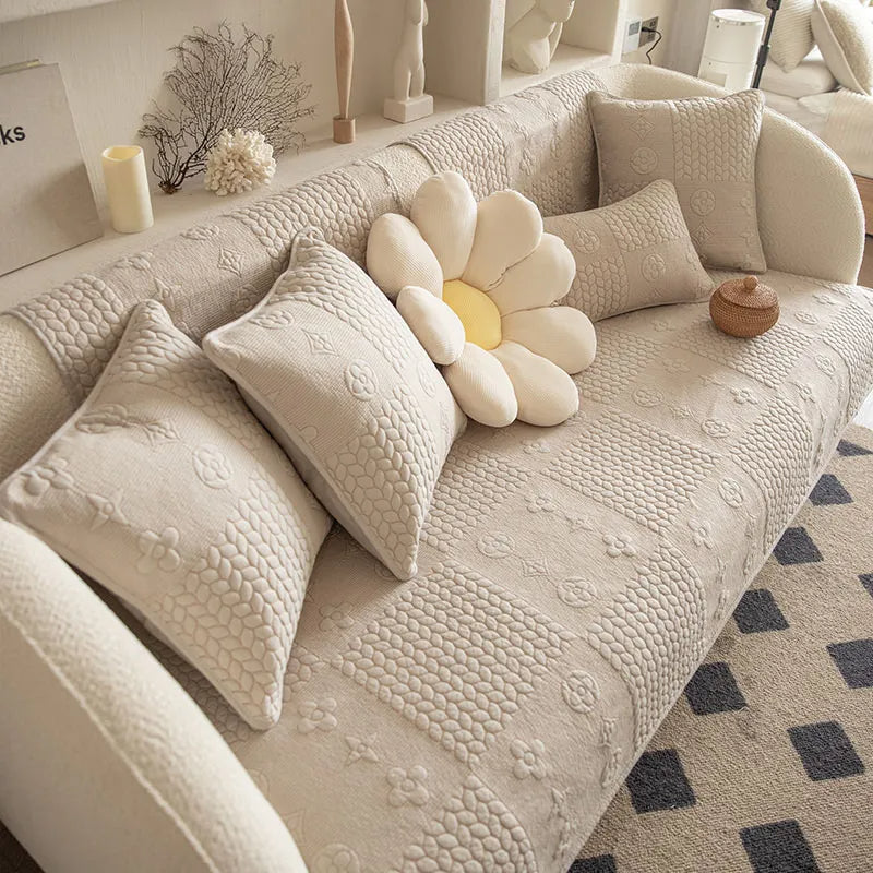 3D Wheat Embroidered Cotton Couch Cover - Washable, Non-Slip & Pet-Scratch Resistant