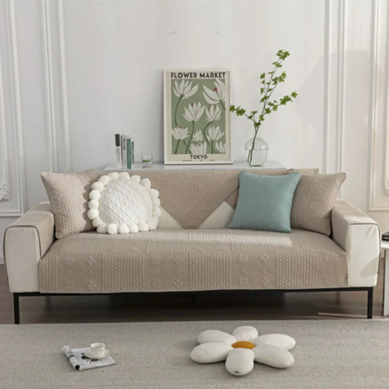 3D Wheat Embroidered Cotton Couch Cover - Washable, Non-Slip & Pet-Scratch Resistant