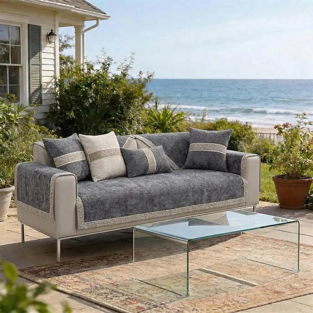 All-Season Modern Tweed Woven Chenille Outdoor Couch Cover with Anti-Slip Backing